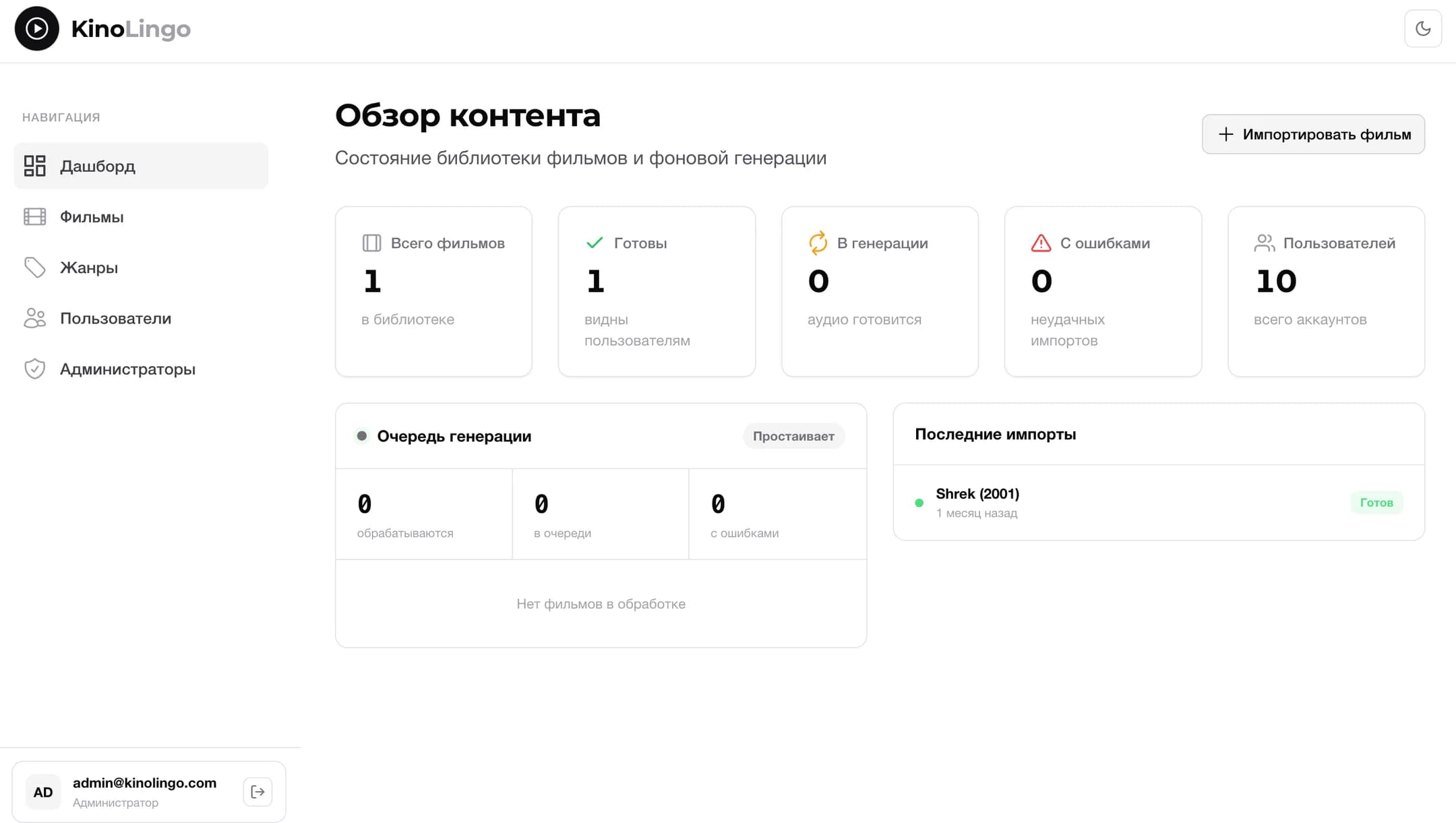 The Kinolongo admin dashboard: content overview and the generation queue
