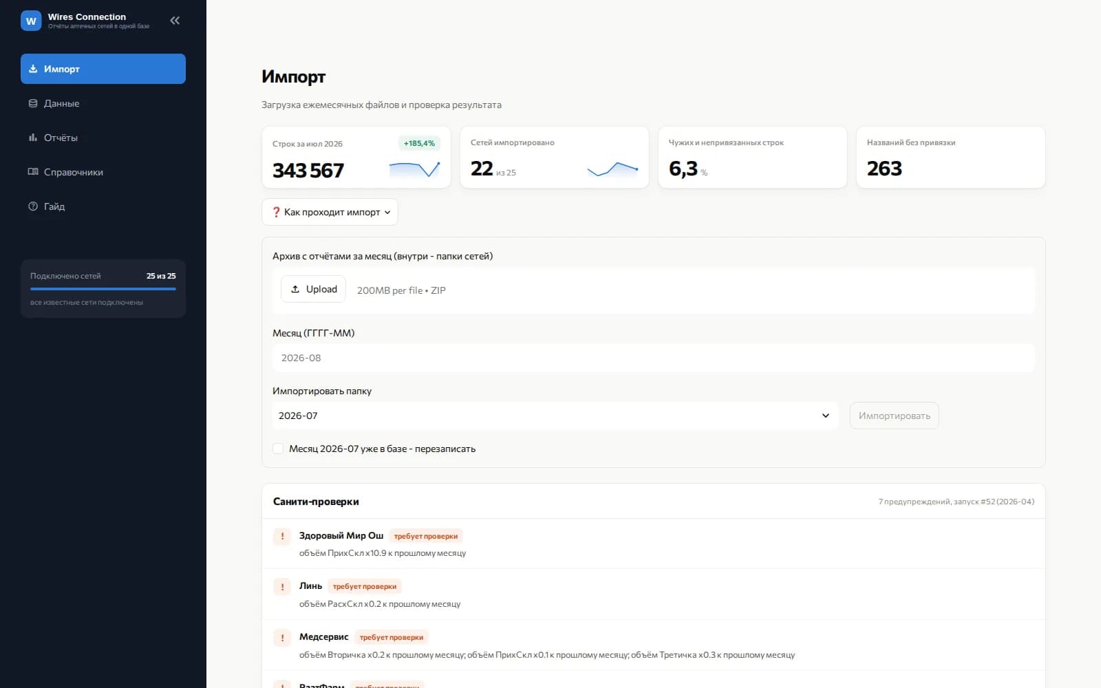 The import page: month upload, KPIs and per-network sanity checks